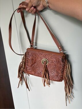 🤠 Vintage American West Hand-Tooled Leather Fringe Crossbody Bag 🤠